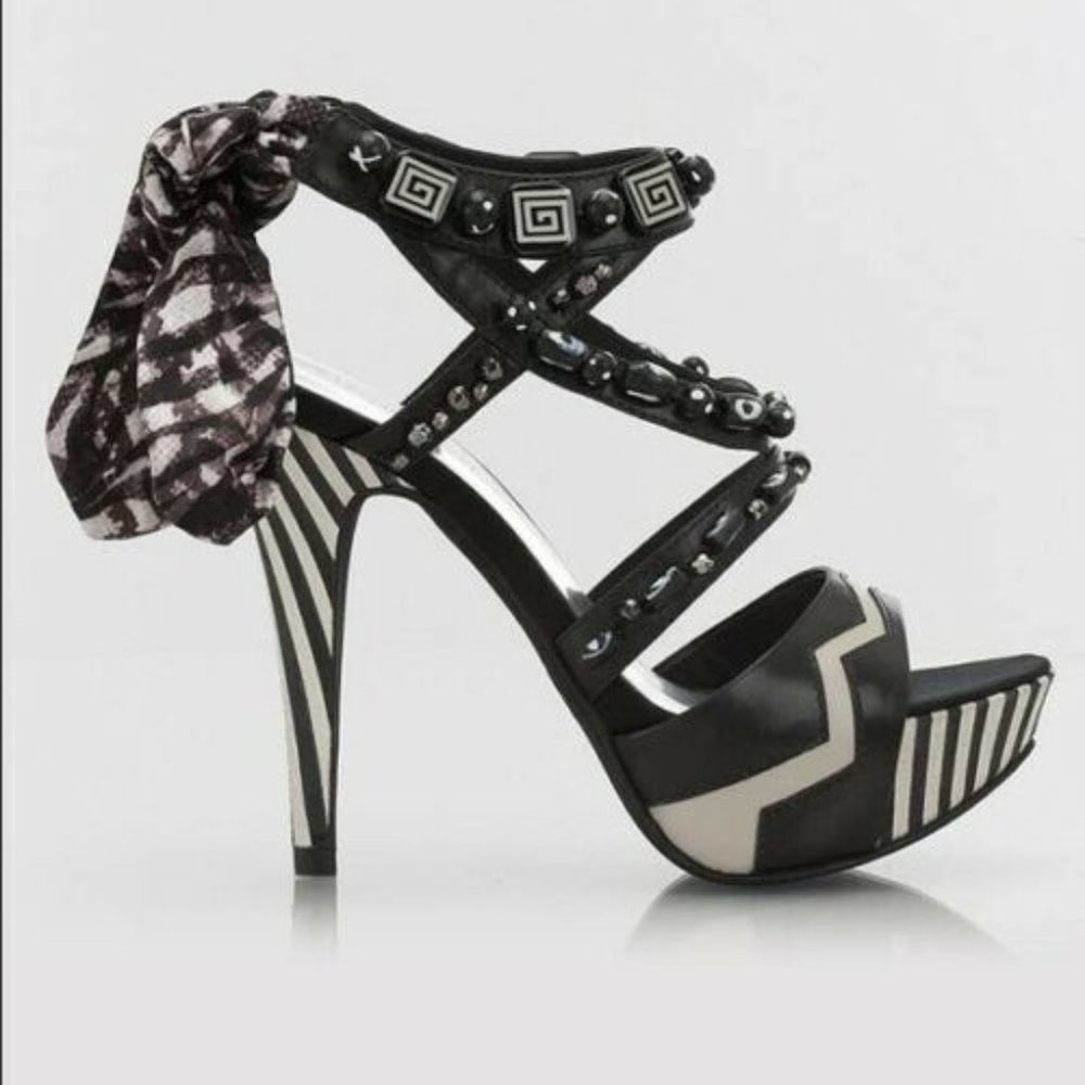 Guess Marciano Caiiro high Heel stilettos size 6.5 New Stripes Peeptoe Unique - Picture 2 of 4